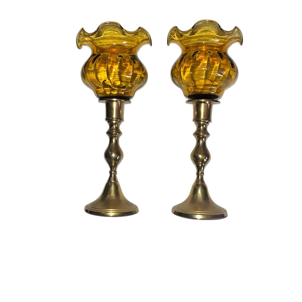 Vintage Brass & Amber Glass Hurricane Candlestick Pair – 8.5” Mid Century Style